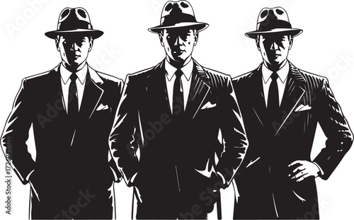 Three men in fedora hats and suits standing with hands in pockets group