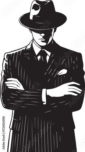 Man in fedora and pinstripe suit with arms crossed vector