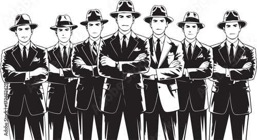 Six men in black suits and fedora hats standing with arms crossed group people