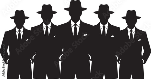 Five black silhouettes of men in fedora hats and suits with arms in pockets group people