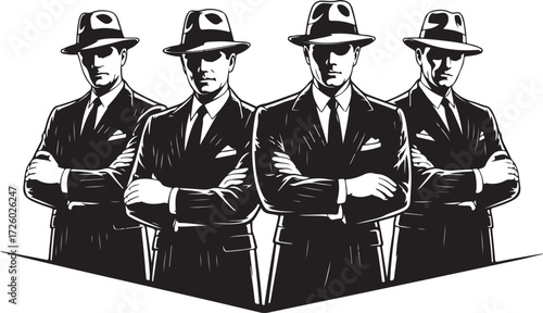 Four men in fedora hats and suits with arms crossed in a stylized black and white illustration group