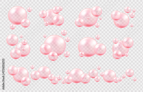 Delicate pink water bubbles set with sparkling highlights on a transparent background, perfect for collagen or bubble gum dreamy design projects.