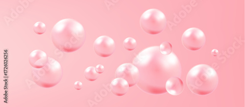 Dreamy collagen and bubble gum inspired water bubbles with fizzy sparkles floating over a pristine pink  vector background.