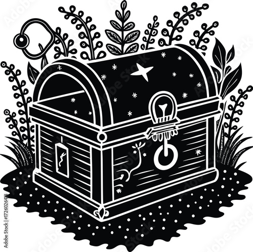 Ornate wooden treasure chest overflowing with magical starry designs and surrounded by foliage