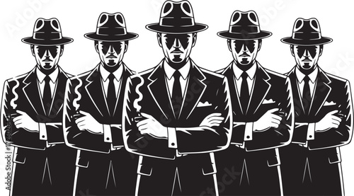 Five men in fedora hats and suits with arms crossed group people