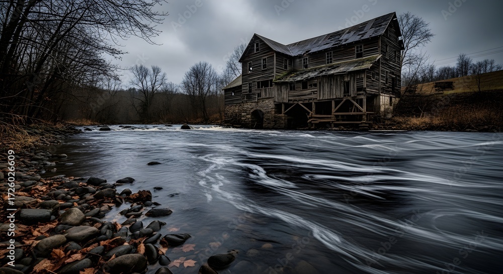 Fototapeta premium Abandoned Historic Wooden Water Mill by a Serene, Fast-Flowing River on an Overcast Autumn Day