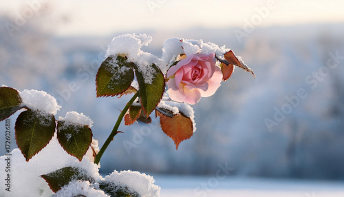 Winter Remains On Leaves As Snow Blankets A Delicate Rose Plant In A Serene Landscape
