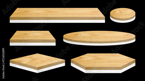 3D realistic podium stage with wooden top plates, isolated geometric platforms and pedestals in round, hexagon, square and rectangle shapes for product presentation vector illustration