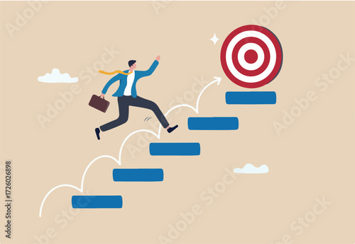 Step or progress to success and reach goal target, leadership to improve personal development, ladder or staircase to achieve goal, aspiration or career path, businessman run up stair to success