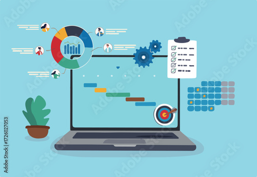 Project management, planning for software development, resources and budget planning, project schedule diagram, gantt chart for work deadline concept, computer laptop with project management software