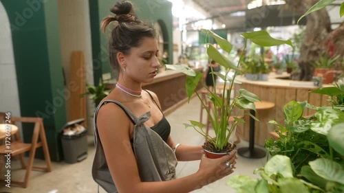 A Young Woman Diligently Caring for Beautiful Potted Plants in an Urban Botanical Setting