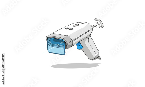 Hand-drawn futuristic white wireless scanner with a blue trigger and transparent screen.
