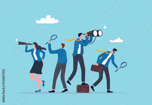 Search opportunity, finding new job, inspection or research, SEO or analyze for optimization, inspect or looking for future, career development concept, business people with binoculars, telescope