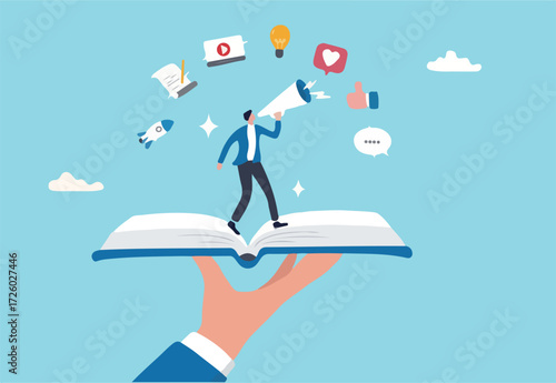 Storytelling communicate brand story or idea to listener, narrative message, content or article writing or advertising creativity concept, young man on opening book telling story on megaphone