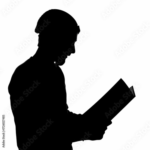 A relaxed silhouette of a creative young man thinking, facing away, against a white background.