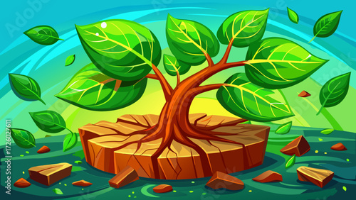 Vibrant green sapling with abundant leaves breaking through a massive broken log