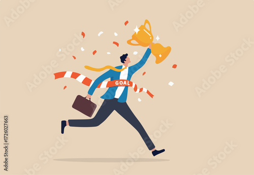 Success winning businessman, achievement, succeed performance or business victory, career success, goal or target accomplishment concept, success businessman running reach finish line with trophy