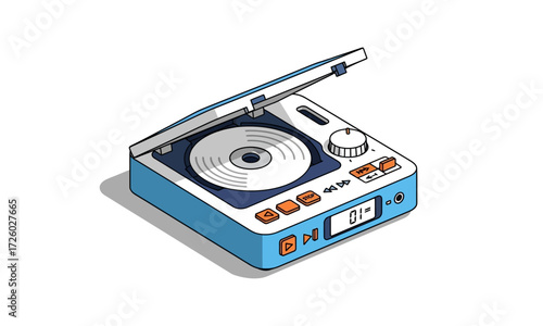Isometric Illustration of a Retro Blue and White Portable CD Player with Open Lid.