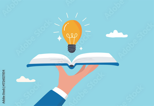 Knowledge or education, study or learning new skill, creativity or idea, reading book for inspiration, discover solution or literature, wisdom concept, hand hold open book to discover lightbulb idea