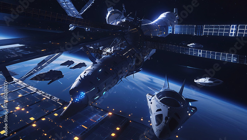 Fototapeta Naklejka Na Ścianę i Meble -  Futuristic spacecraft approaching a massive orbital space station above earth