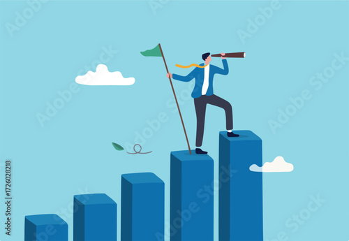 Vision to see next goal, motivation to success, forecast and business prediction, challenge to be better and achieve success concept, confidence businessman step on rise up graph look for next goal