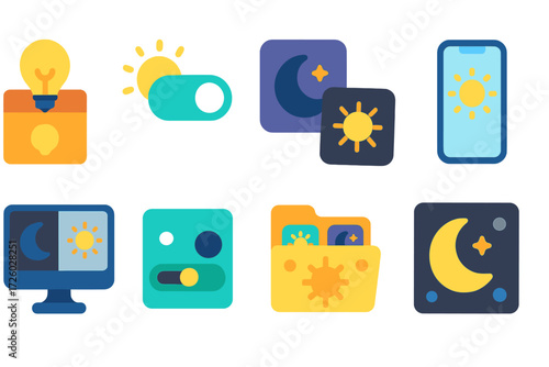 Day and night flat icon set. sun, moon, and light toggle icons collection