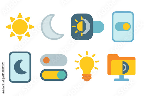 Energy and light flat icon set. solar, lunar, and electric switch symbols collection.