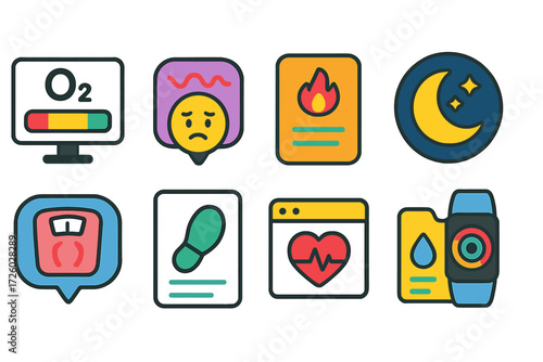 Health and fitness flat icon set. wellness, monitoring, and activity icons collection