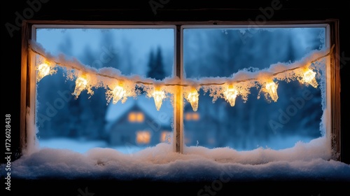 A heartwarming winter scene unfolds. snow-covered window and lights, inviting us to appreciate the peaceful embrace of a cold season.
