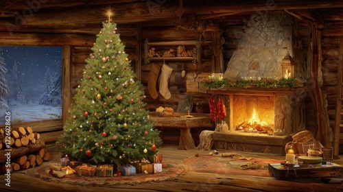 A cozy, inviting cabin adorned with festive Christmas decorations, evoking warmth and the joy of the holiday season. A beautifully lit Christmas tree stands as the focal point.