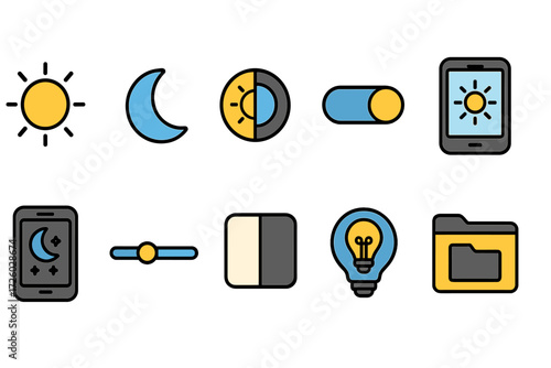 Day and night flat icon set. sun, moon, light control symbols in flat style.