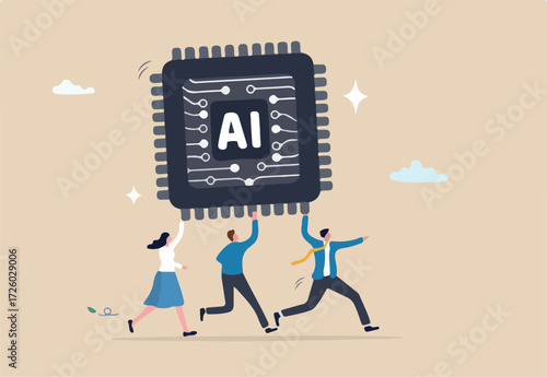 Embrace AI, Artificial Intelligence adoption, user or people who use AI to help and support work success, innovation or revolution to change business concept, business people carry AI processing chip