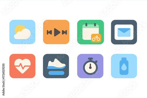 Fitness and health flat icon set. exercise, wellness, sport app icons collection
