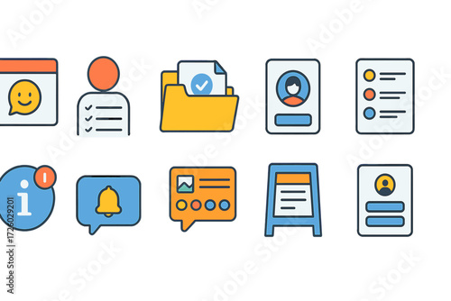 Communication, business flat icon set. messaging, networking flat icons collection