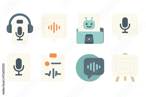 Flat voice assistant icon set with microphone and chatbot designs for digital interfaces