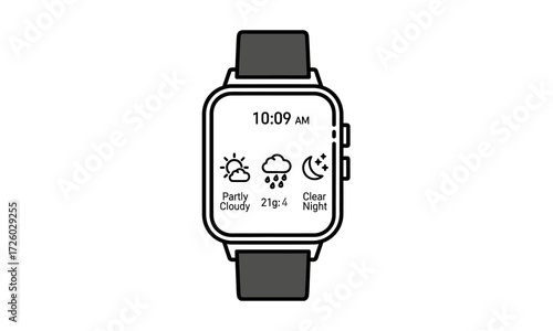 Modern Smartwatch Displaying Weather Forecast Icons and Time.