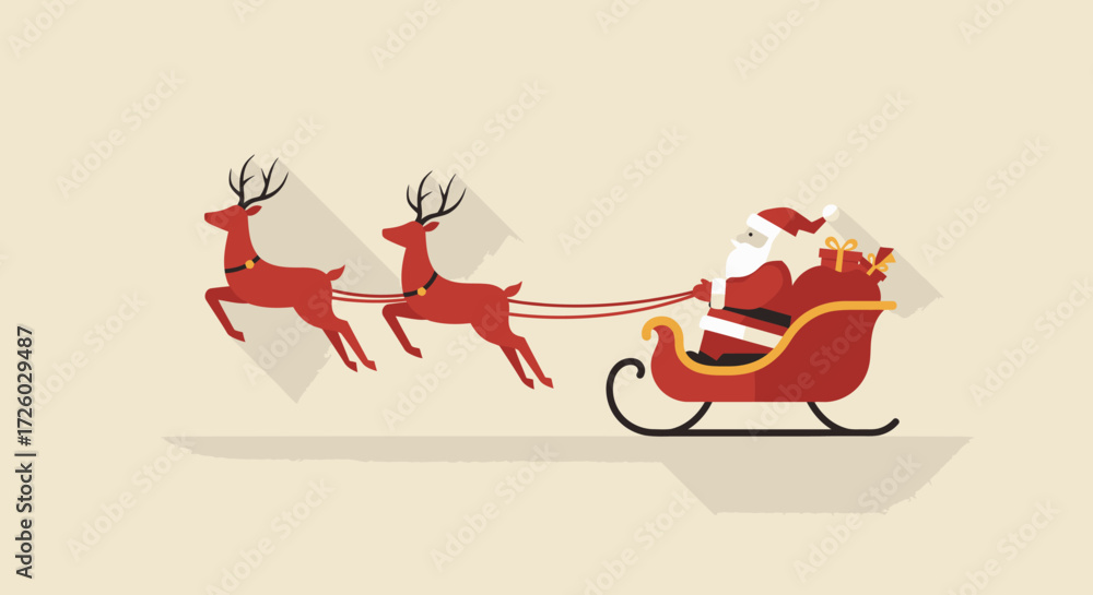 Fototapeta premium Santa Claus Delivering Christmas Gifts with Reindeer Sleigh Illustration