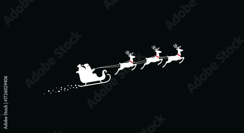 Silhouette of Santa Claus in his sleigh being pulled by reindeer flying through a dark night sky