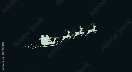 Silhouette of Santa Claus in his sleigh pulled by reindeer, flying across a dark sky for Christmas