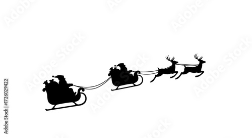 Silhouette of Santa Claus in a sleigh pulled by reindeer flying across a white background, perfect for holiday designs and winter themes