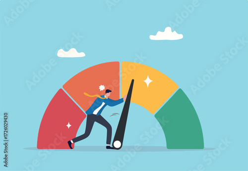Push skill level, credit score or increase performance, improvement or effort to be better, excellent customer feedback review, gauge scale rating concept, businessman pushing skill performance gauge