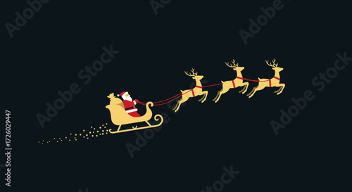 Minimalist vector illustration of Santa Claus riding in a sleigh pulled by a team of flying reindeer. Festive black silhouette on a grey background for Christmas
