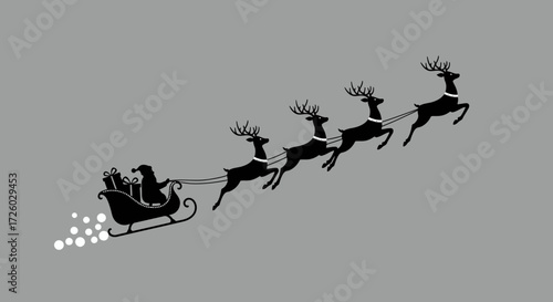 Santa Claus and His Reindeer Sleigh Flying Across the Sky on Christmas Eve, Silhouette Design