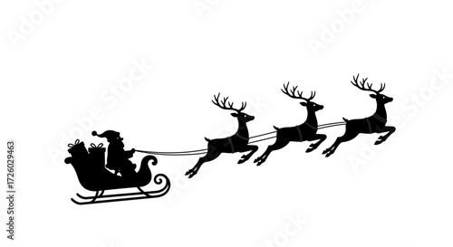 Whimsical Christmas silhouette featuring Santa Claus in his festive sleigh, pulled by magical reindeer, soaring through the winter night sky, symbolizing holiday cheer and tradition