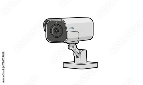 Monochrome line art illustration of a modern bullet-style CCTV security camera on an adjustable mount.