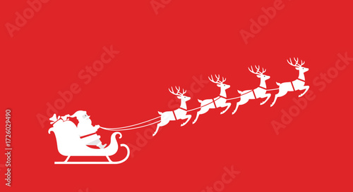 Iconic white silhouette of Santa Claus in his sleigh pulled by a team of flying reindeer against a vibrant red background, capturing the spirit of Christmas holiday cheer and timeless festivity