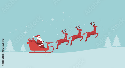 Santa Claus embarking on his magical Christmas Eve journey, riding a classic red sleigh pulled by a team of flying reindeer over a snowy winter forest landscape