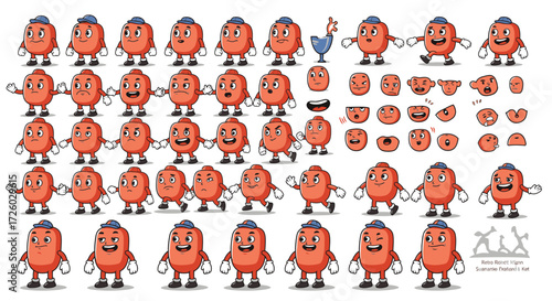 Character Spritesheet Featuring a Red, Round, Cartoon Character in Various Poses and Expressions, Ready for Animation and Game Development