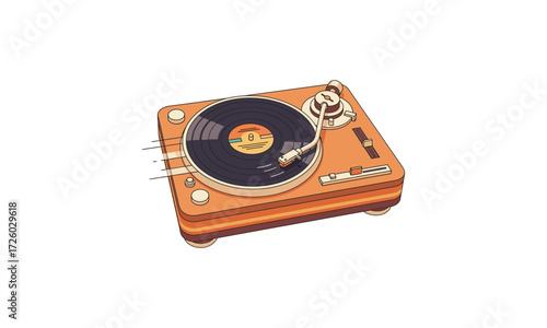 Orange Vintage Turntable with Vinyl Record, Stylus, and Control Knobs.