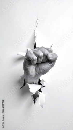 Fist breaking through white paper